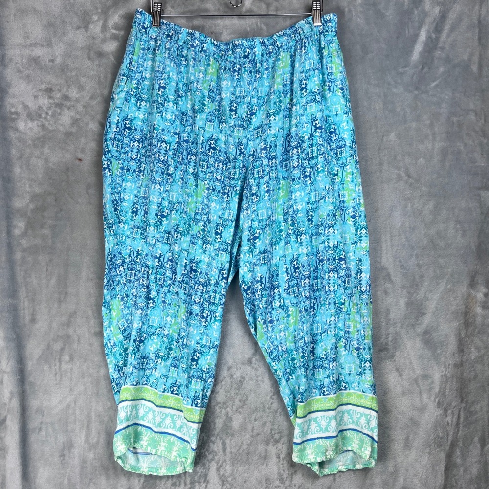 Catherines Wide Leg Pants Cropped 2X Blue Green Medallion Print Rayon Plus Size - Picture 4 of 9
